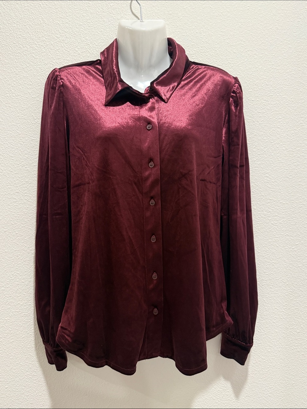 Ann Taylor Deep Burgundy Satin Button-Down Blouse